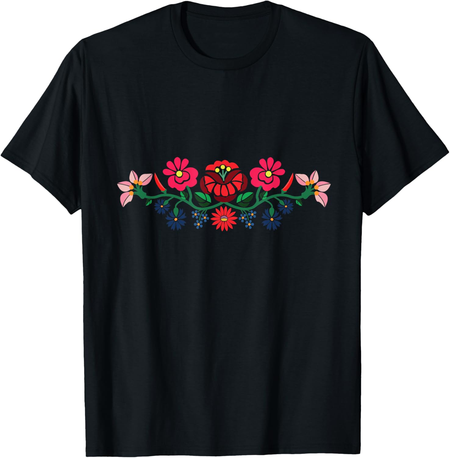 Handcraftline Adult Black Floral Kalocsai Folk Art Embroidery Design T-Shirt - T-Shirt | Black