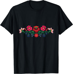 Handcraftline Adult Black Floral Kalocsai Folk Art Embroidery Design T-Shirt - T-Shirt | Black