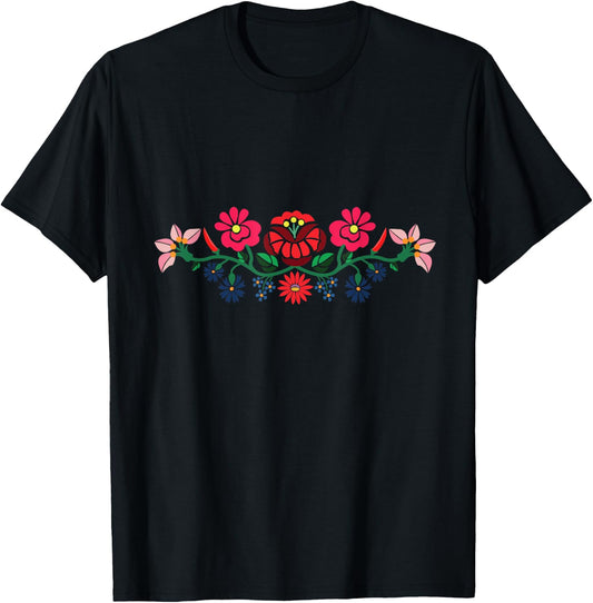 Handcraftline Adult Black Floral Kalocsai Folk Art Embroidery Design T-Shirt - T-Shirt | Black