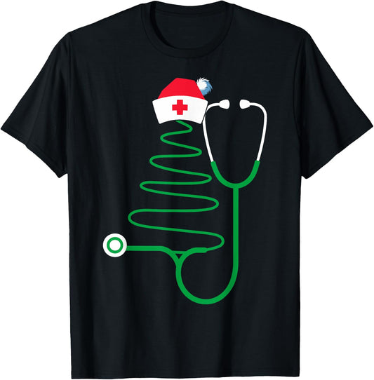 Stethoscope Christmas Tree Nurse Christmas Scrub T-Shirt - T-Shirt | Black