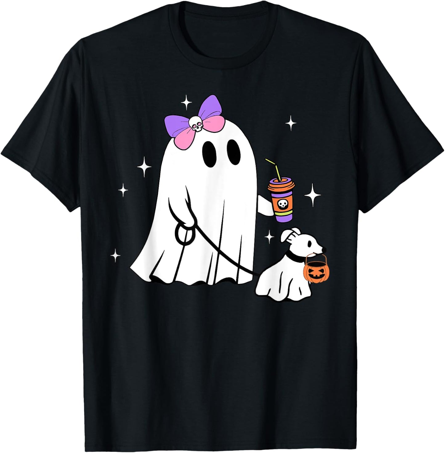 Halloween Cute Ghost Walking Dog Spooky Coquette Ghost Women T-Shirt - T-Shirt | Black
