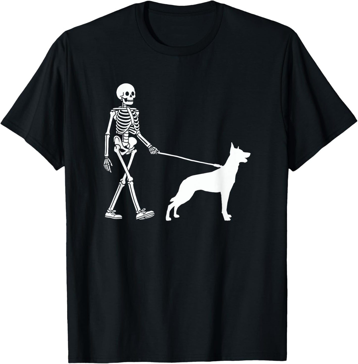 Skeleton Walking a Dog Belgian Malinois Halloween Outfit T-Shirt - T-Shirt | Black
