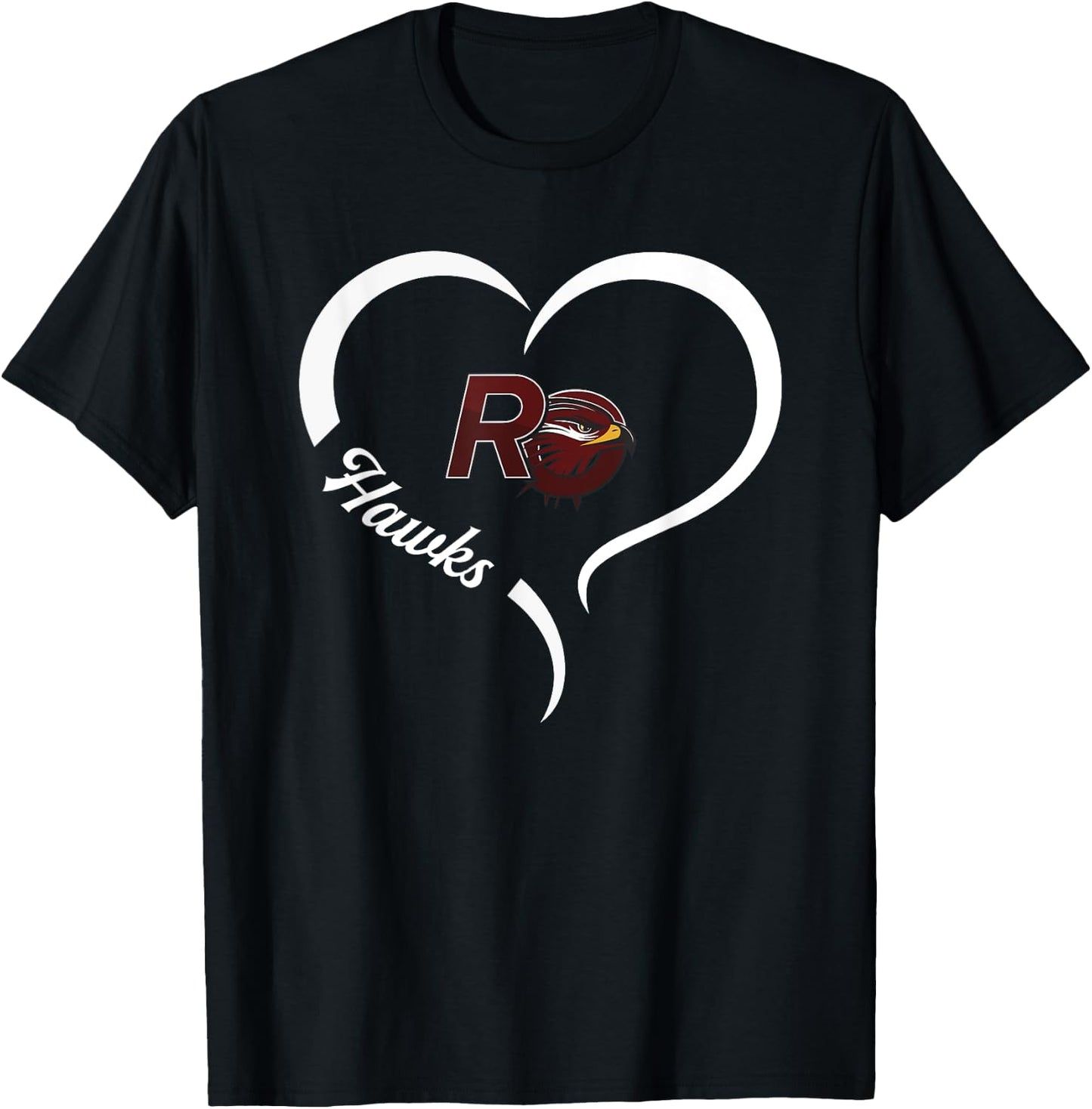 Red Oak Hawks Logo Half Heart Slogan HS T-Shirt - T-Shirt | Black