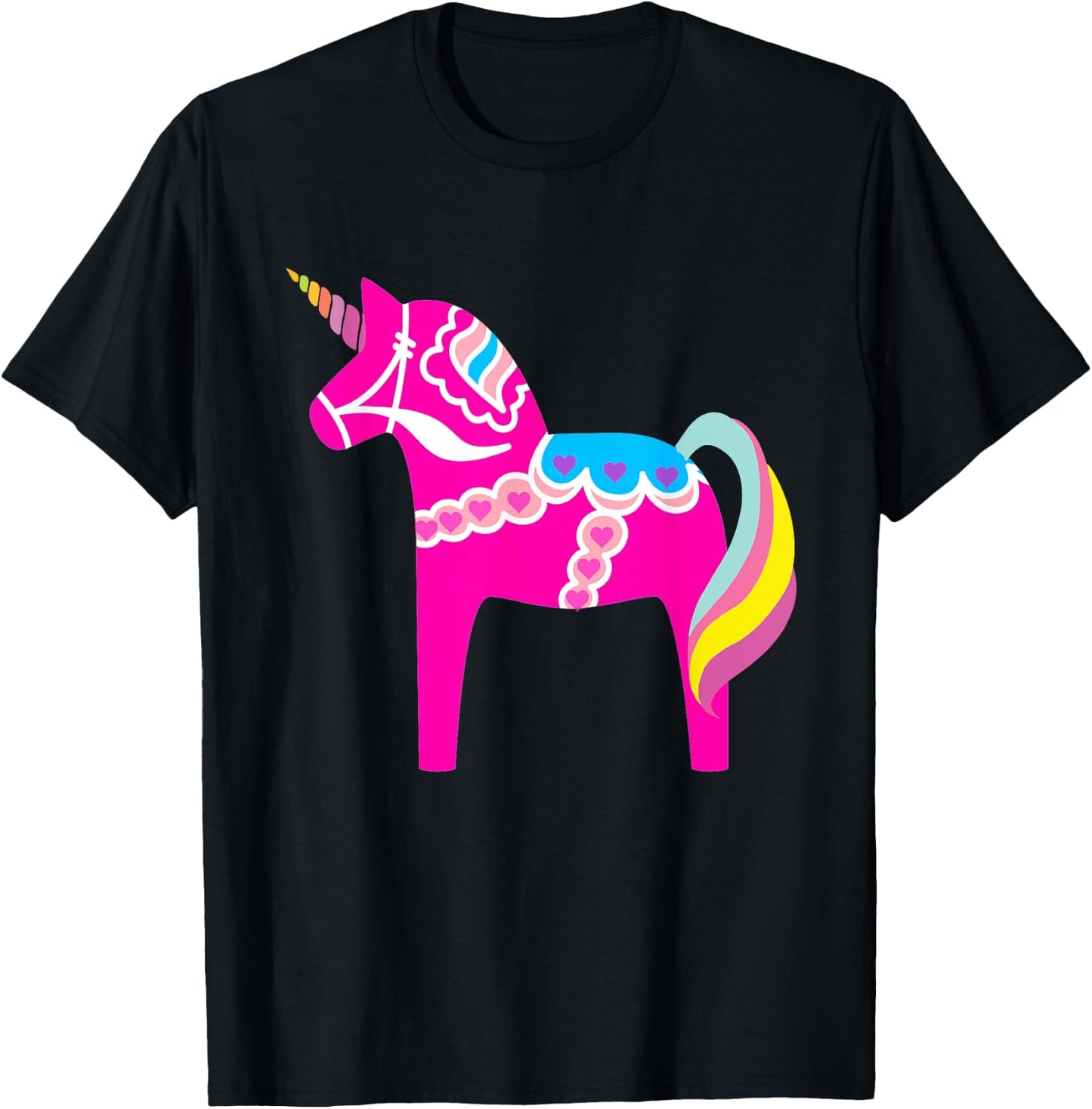 Pink Dala Horse Unicorn Swedish Dalecarlian Horse T-Shirt - T-Shirt | Black