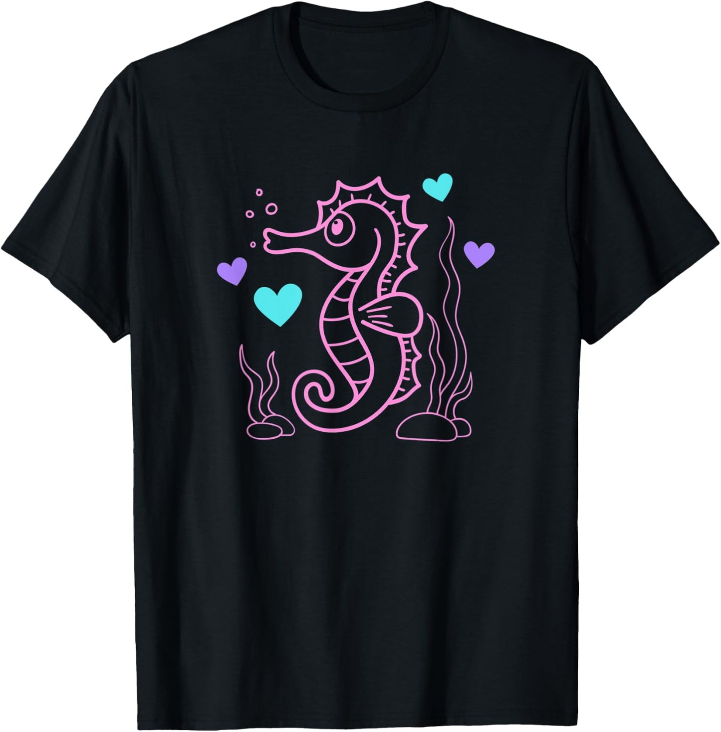 Seahorse Ocean Cute Pink Blue and Purple T-Shirt - T-Shirt | Black