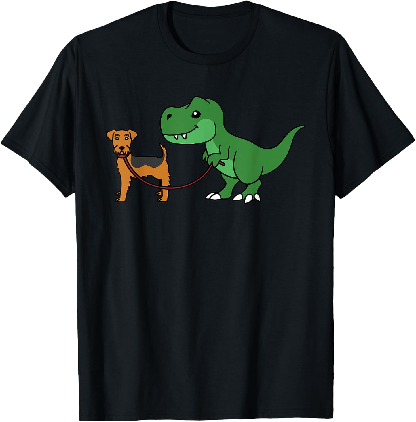 T-Rex Dinosaur Walking Airedale Terrier Funny Dog T-Shirt - T-Shirt | Black