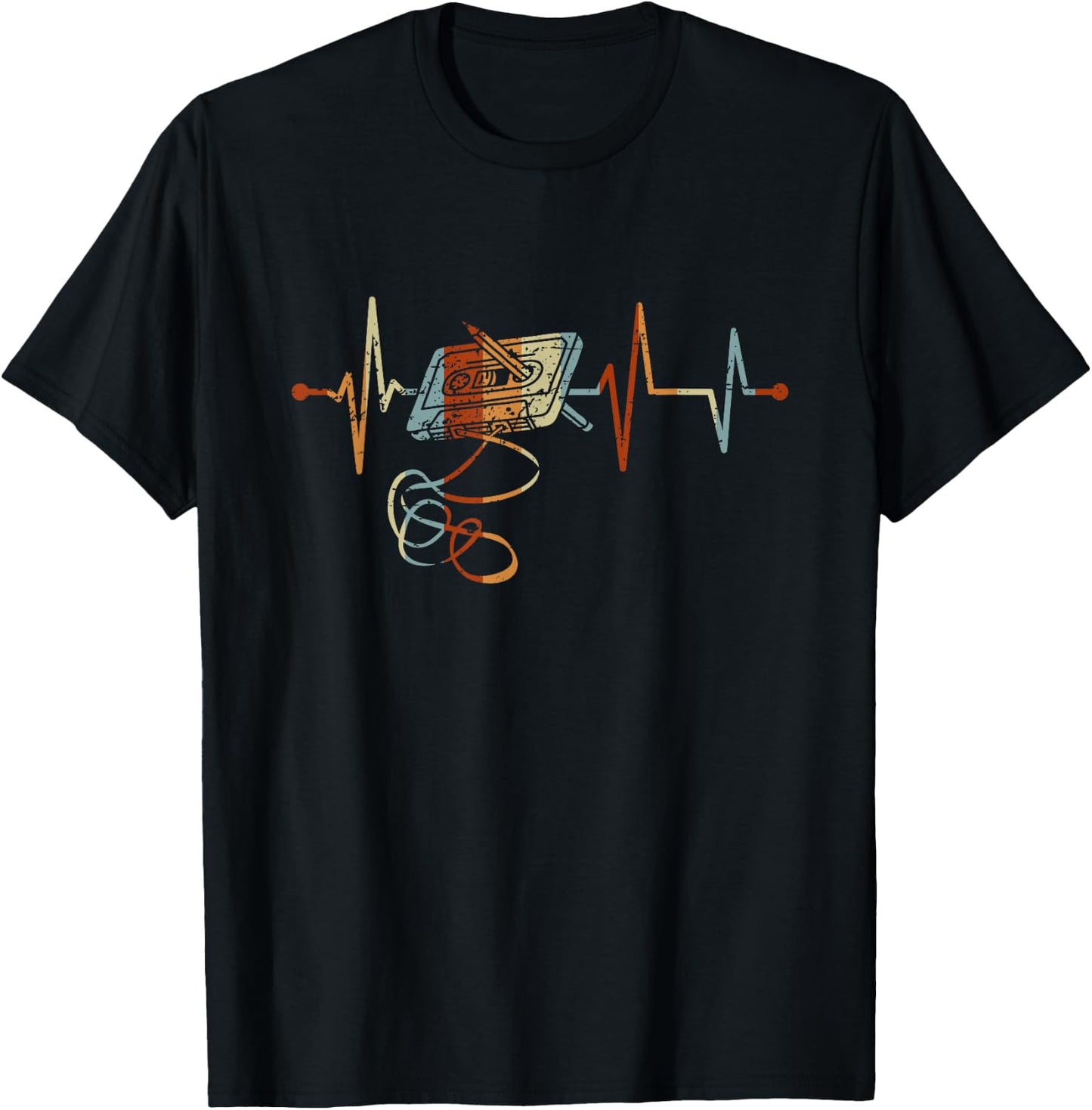 Retro Music Cassette Heartbeat Vintage Mixtape , black, s T-Shirt - T-Shirt | Black