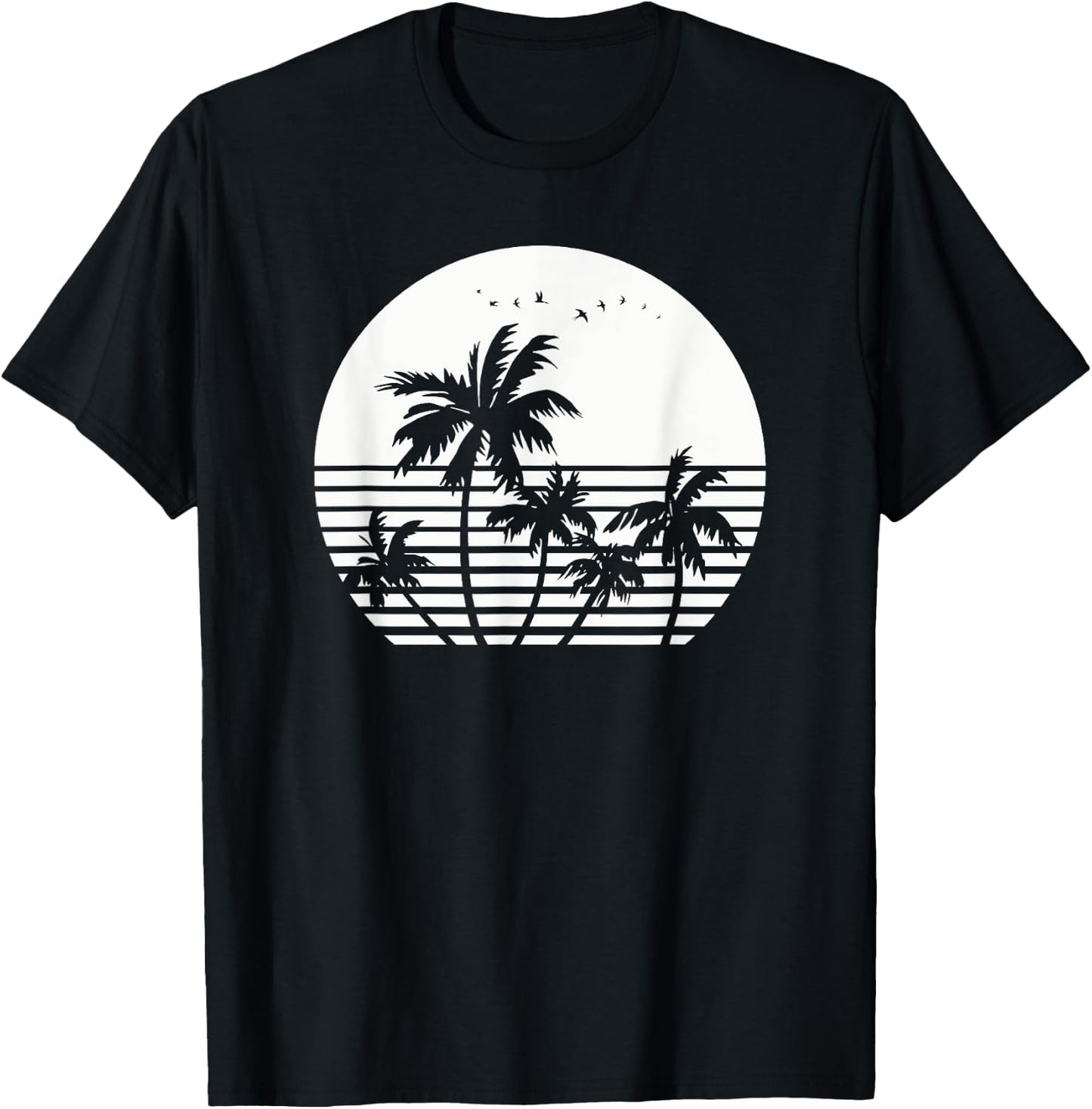 Vintage Birds Sunset Beach Palm trees T-Shirt - T-Shirt | Black