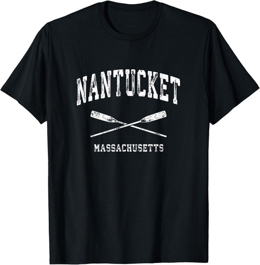Nantucket Massachusetts Vintage Nautical Crossed Oars T-Shirt - T-Shirt | Black
