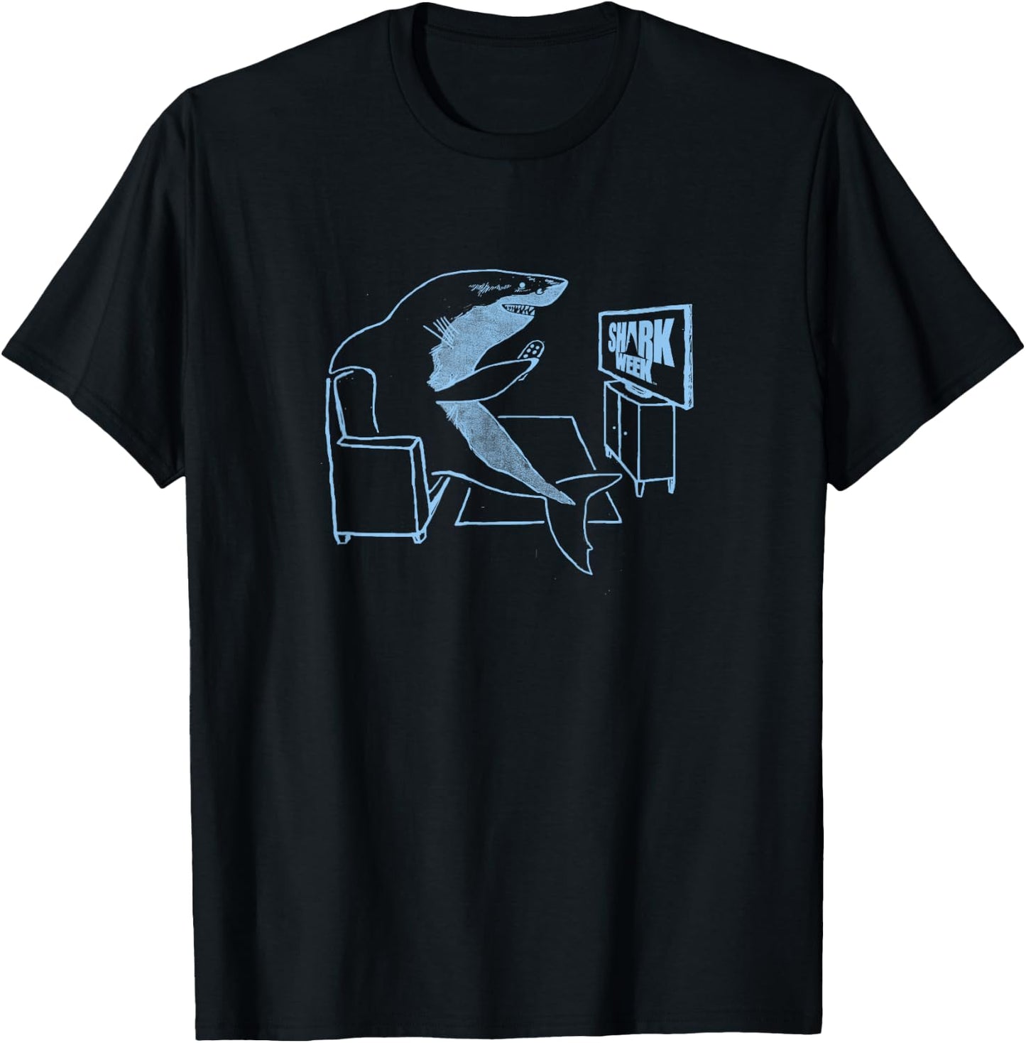 Shark Week Shark Potato Neon Blue Great White Line Art T-Shirt - T-Shirt | Black