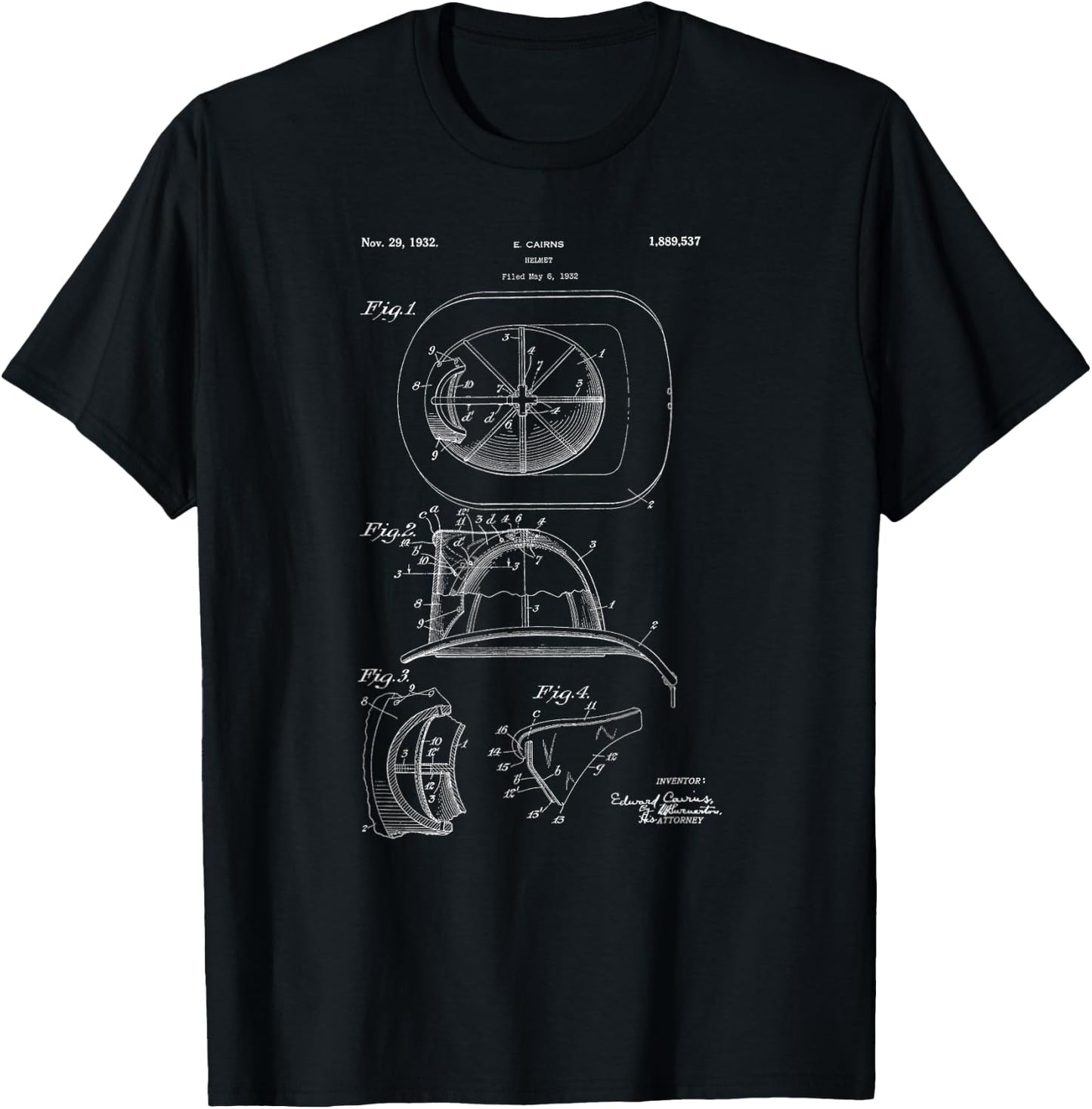 Classic Vintage Patent Print 1932 Firefighter Helmet T-Shirt - T-Shirt | Black