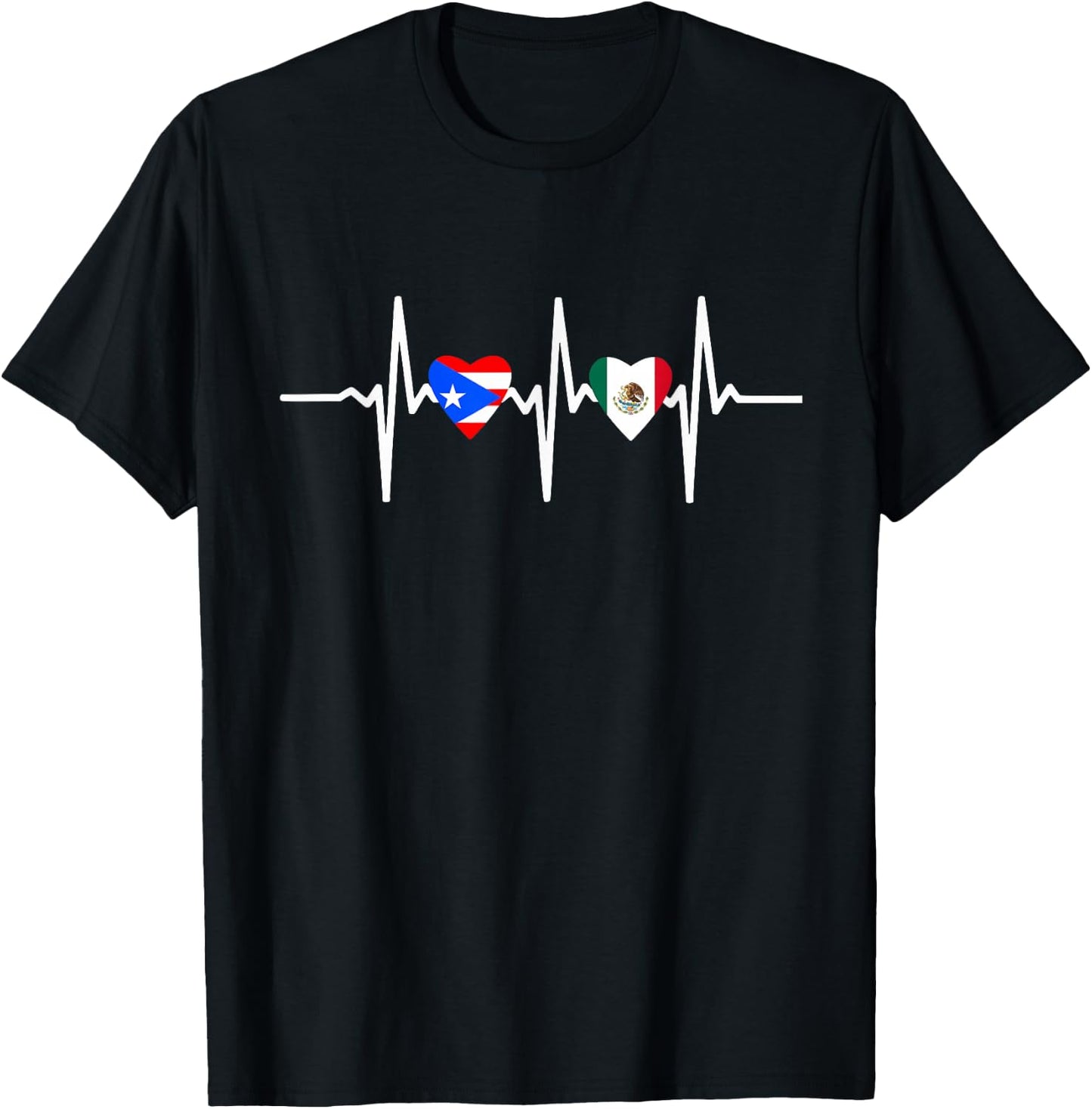 Half Mexican And Puerto Rican Rico Flag Mexirican Heartbeat T-Shirt - T-Shirt | Black
