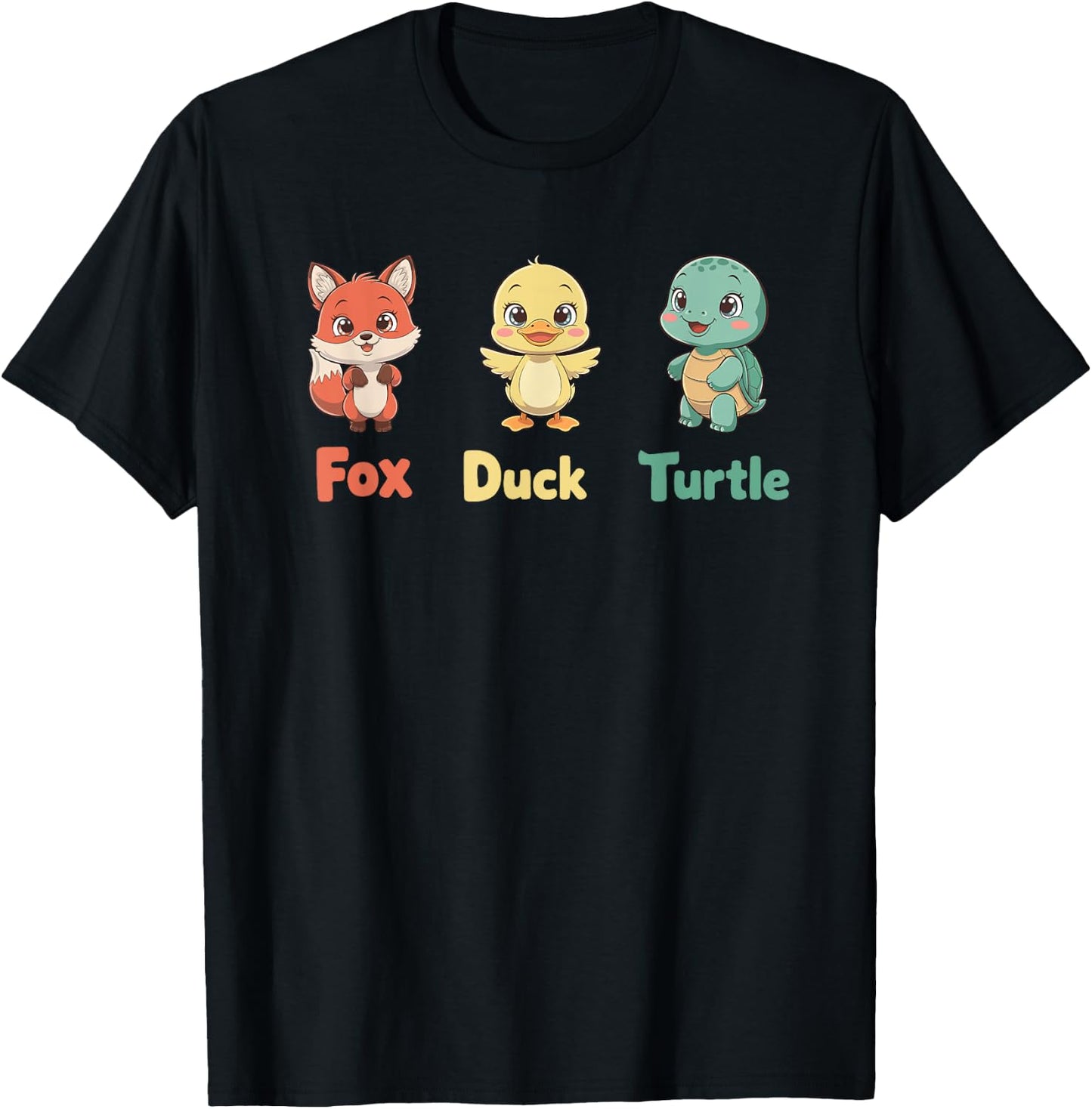Cute Fox Duck Turtle Animal Trio T-Shirt - T-Shirt | Black