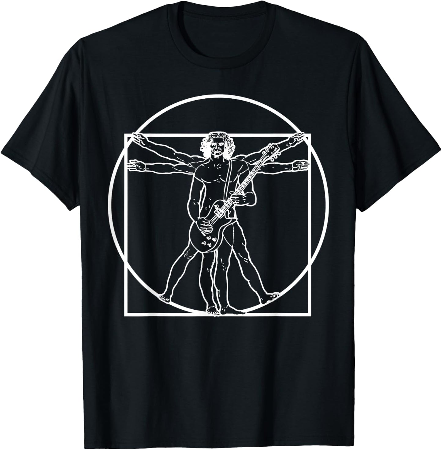 Da Vinci Vitruvian Man Playing the Guitar Rocker Parody T-Shirt - T-Shirt | Black