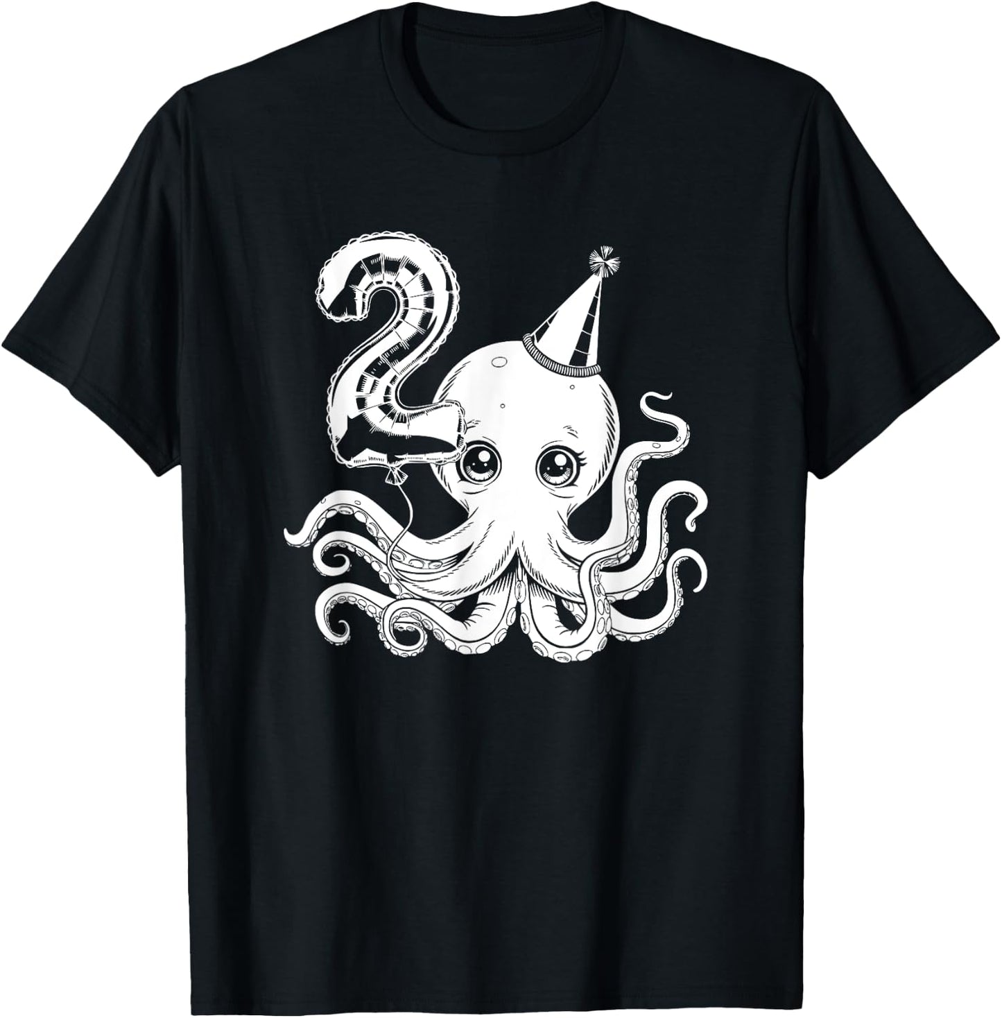Cute Octopus With Balloon 2nd Birthday Design For Kids T-Shirt - T-Shirt | Black