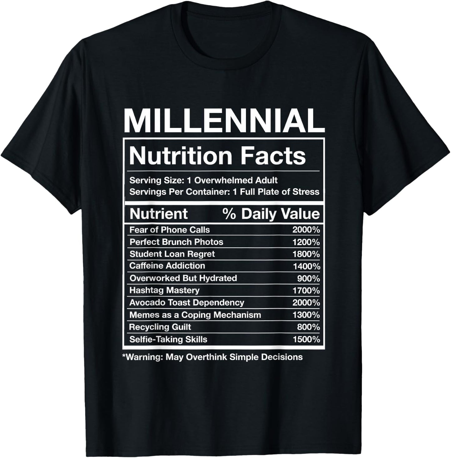 Millennial Nutrition Facts - Funny Generation Meme T-Shirt - T-Shirt | Black