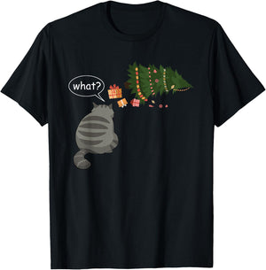 Funny Gray Cat Pushing Christmas Tree Over Cat What? T-Shirt - T-Shirt | Black