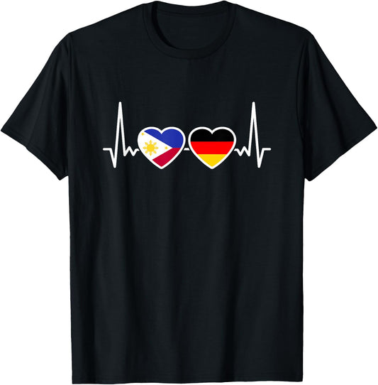 Philippines Germany Heartbeat Flag German Filipino , black T-Shirt - T-Shirt | Black