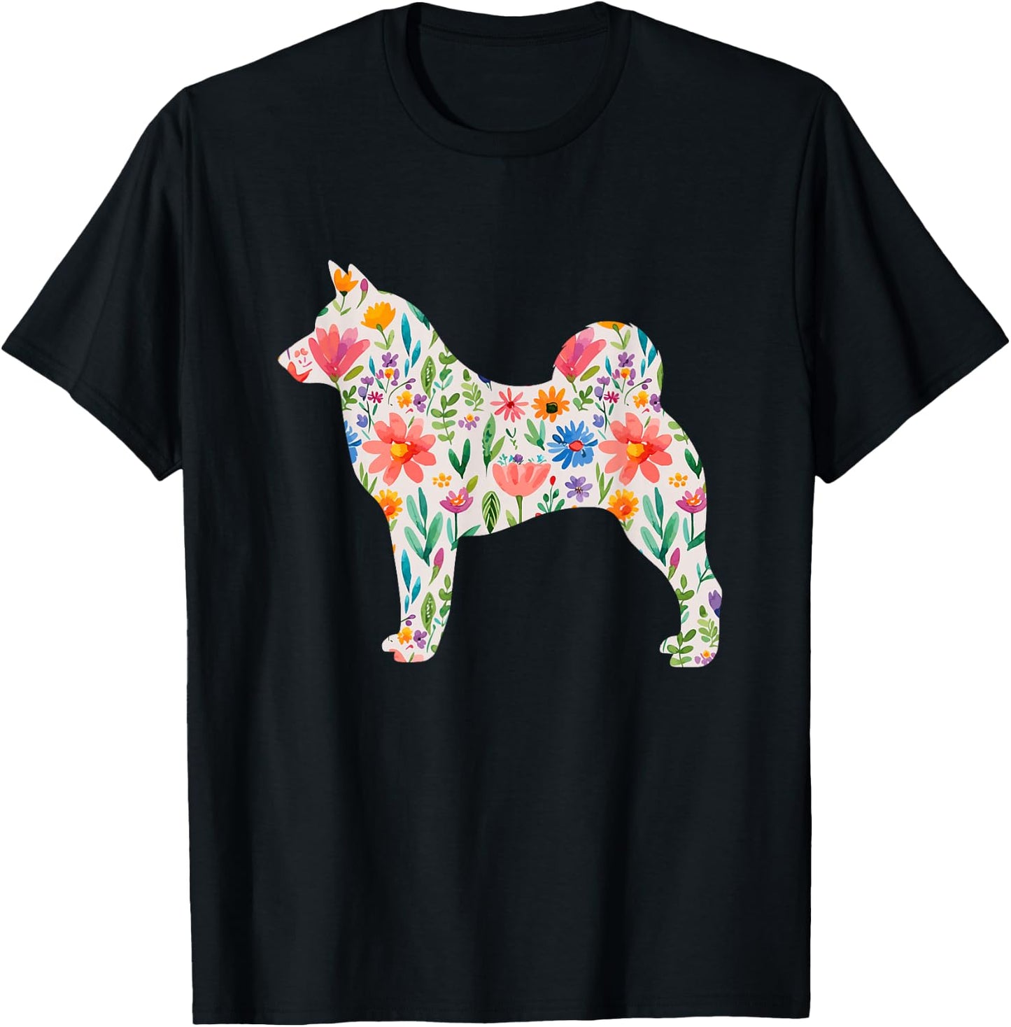 Norwegian Elk Dog Watercolour Flowers Design T-Shirt - T-Shirt | Black