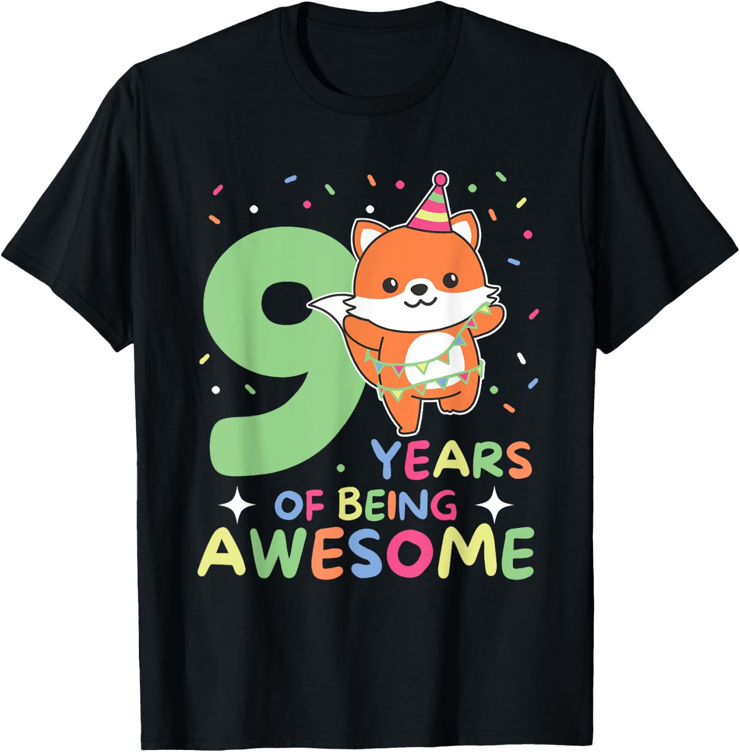 Fox 9th Birthday For Children Nine Years Old Fox T-Shirt - T-Shirt | Black