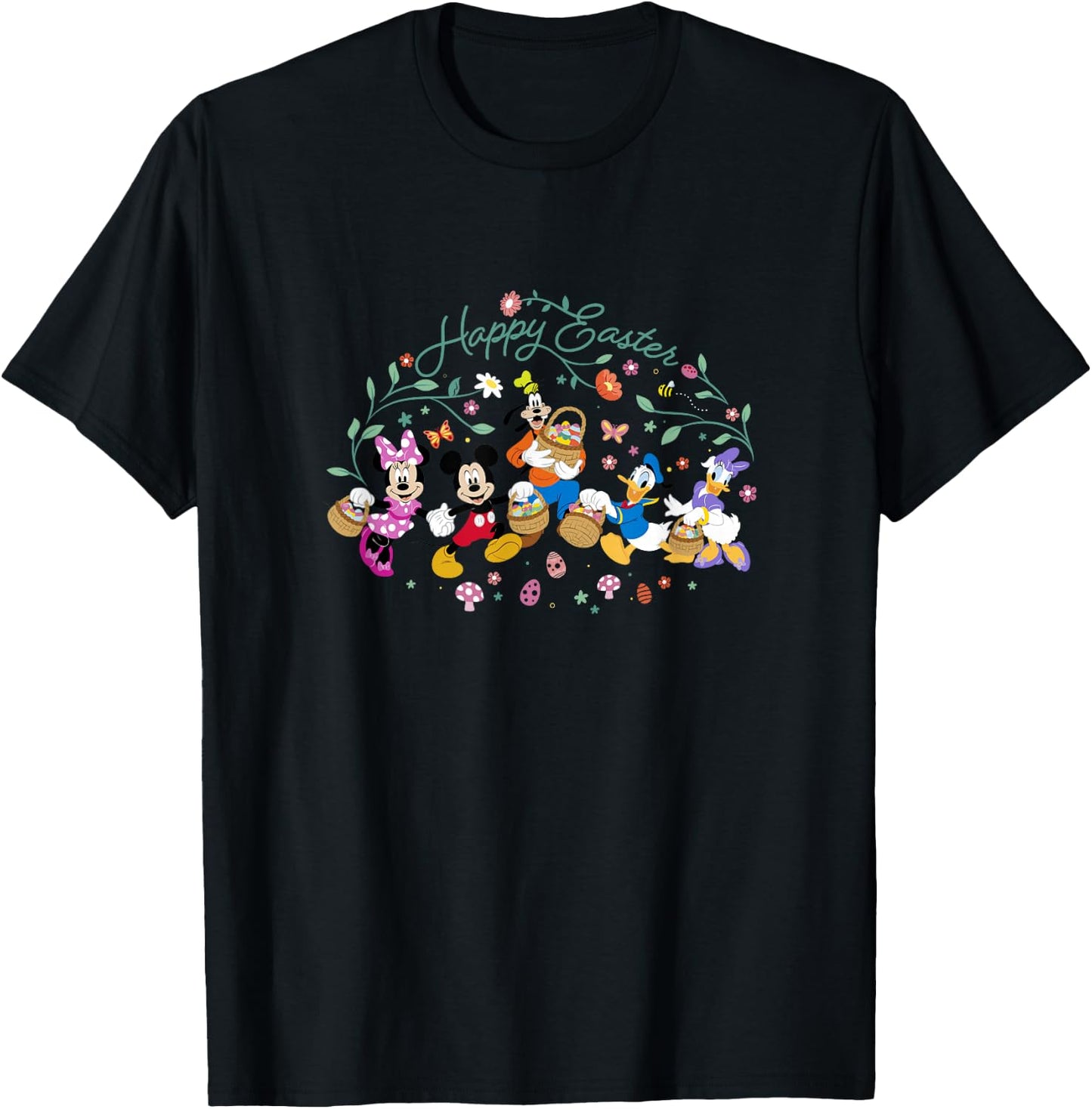 Disney Mickey And Friends Happy Easter Spring Floral Holiday T-Shirt - T-Shirt | Black