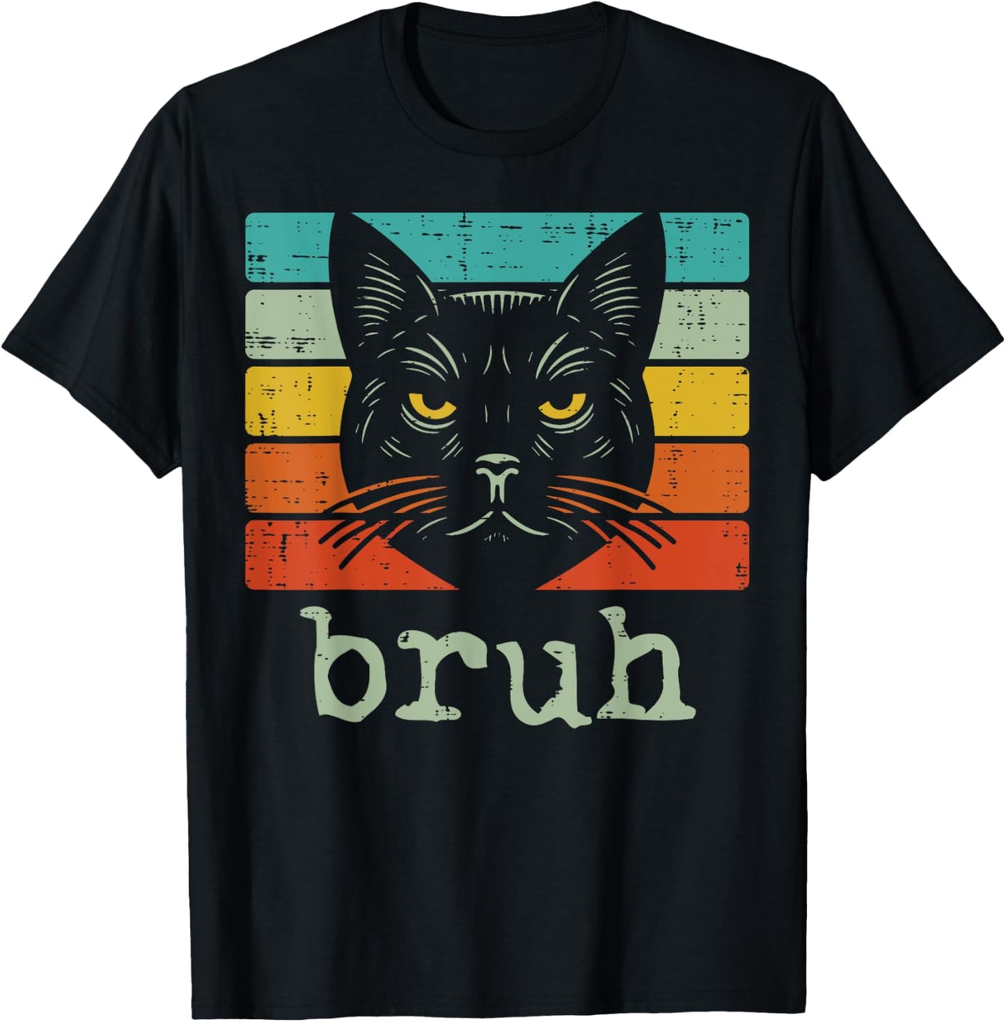 Black Cat Face Bruh Retro Funny Saying Meme Women Men Kids T-Shirt - T-Shirt | Black