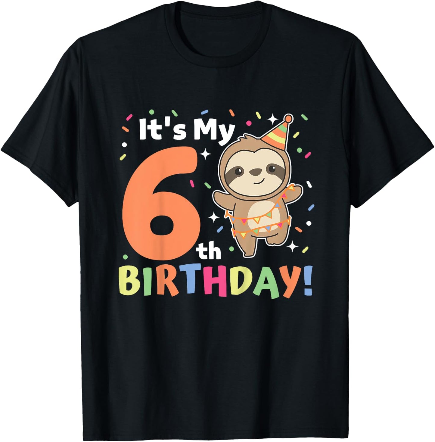 Kids Sloth For 6th Birthday Kids Six Year Old Sloth T-Shirt - T-Shirt | Black