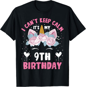 I Can't Keep Calm It's My 9th Birthday Kids Girls Unicorn T-Shirt - T-Shirt | Black