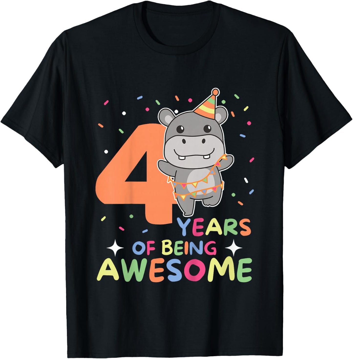 Kids Hippo 4th Birthday For Kids Four Years Old T-Shirt - T-Shirt | Black