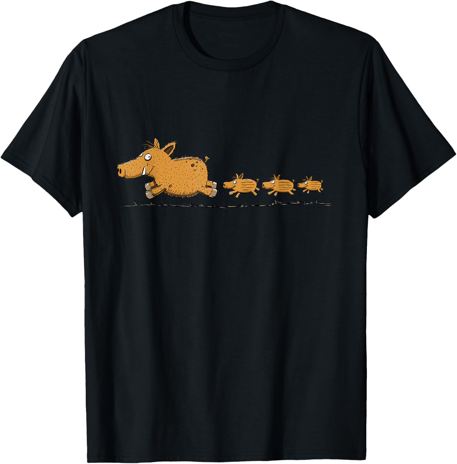 Lustiges Wildschwein Motiv mit Frischlingen Cartoon Waldtier T-Shirt - T-Shirt | Black