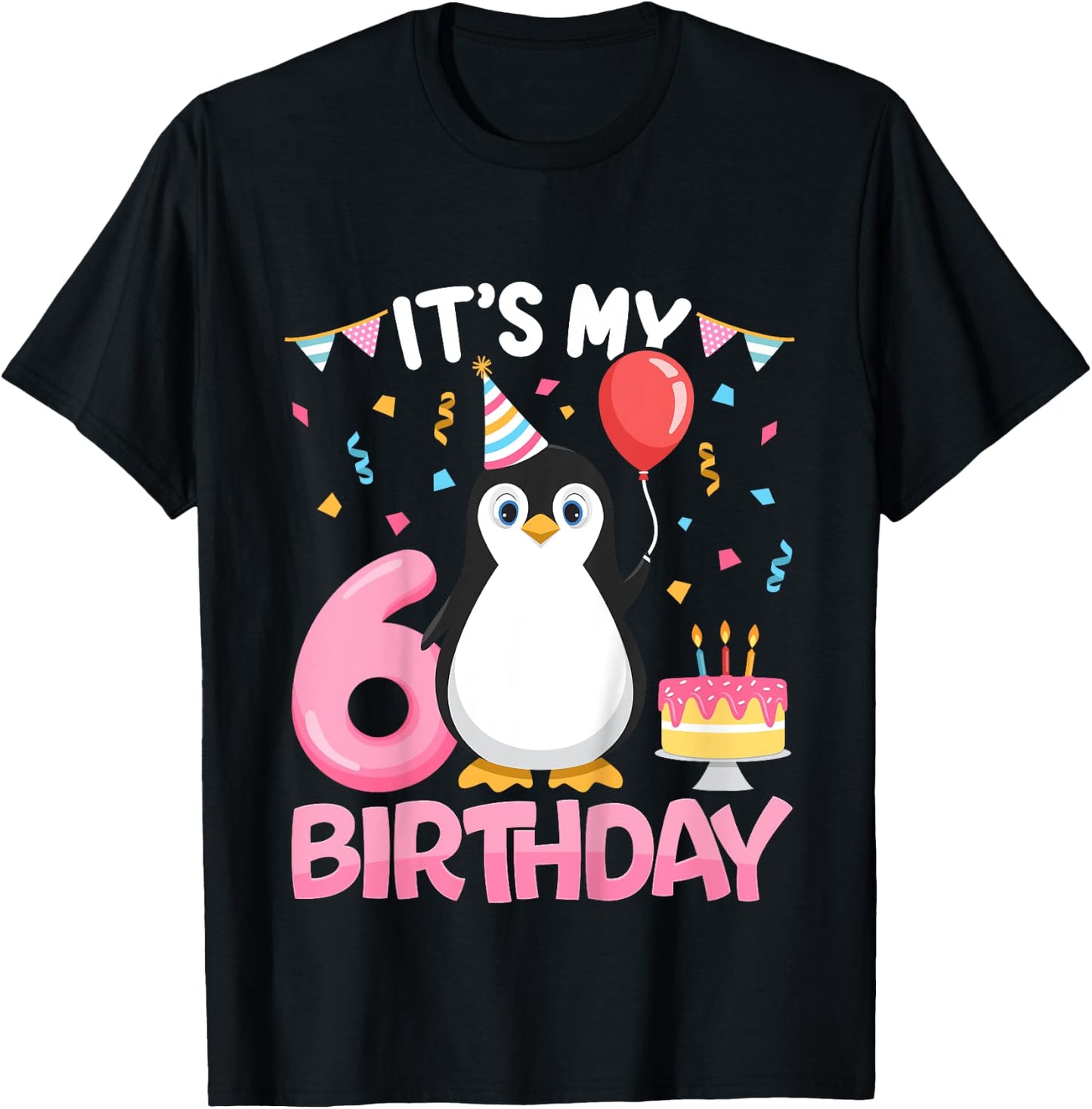Penguin Birthday 6 Year Old Girl 6th Birthday Party Six T-Shirt - T-Shirt | Black