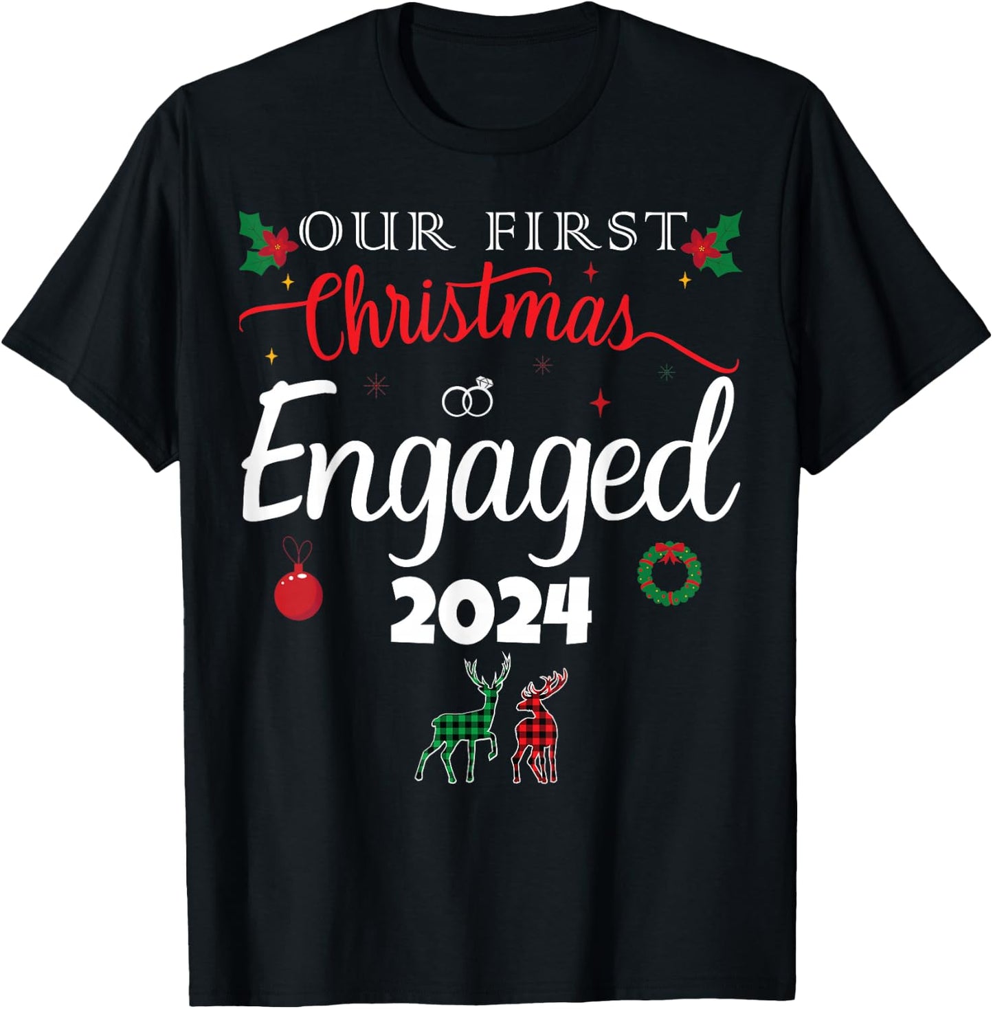 Our First Christmas Engaged 2024 Pajamas Couples Matching T-Shirt - T-Shirt | Black
