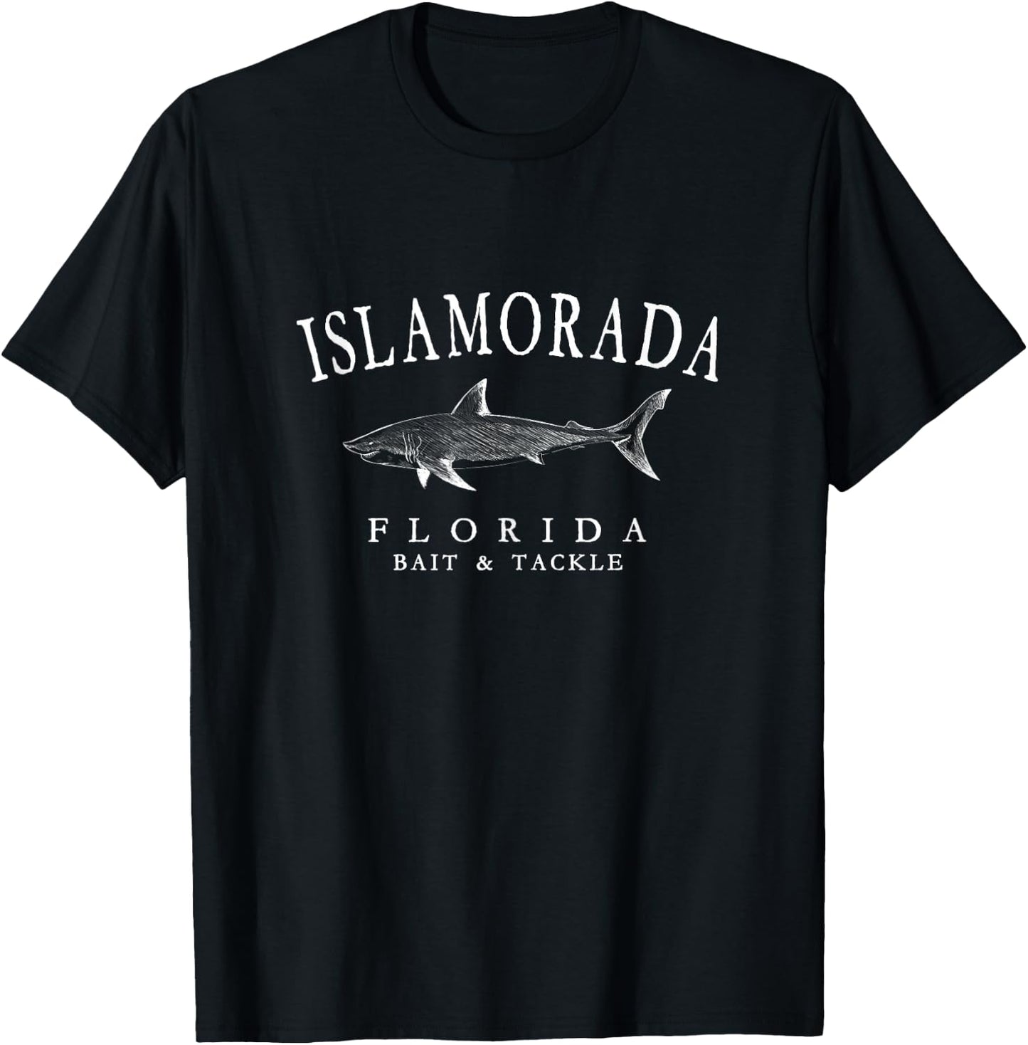 Islamorada Florida Shark Vintage White Outline Fishing T-Shirt - T-Shirt | Black