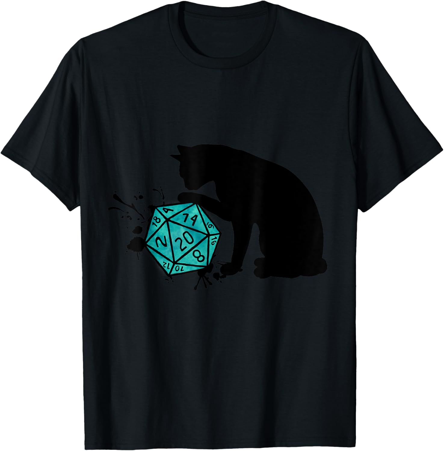 Nerdy Cat with D20 Cube - Cat Lovers T-Shirt - T-Shirt | Black