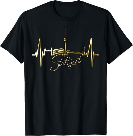 Stuttgart Skyline Herzschlag Fan Herz Liebe I Love Stuttgart T-Shirt - T-Shirt | Black