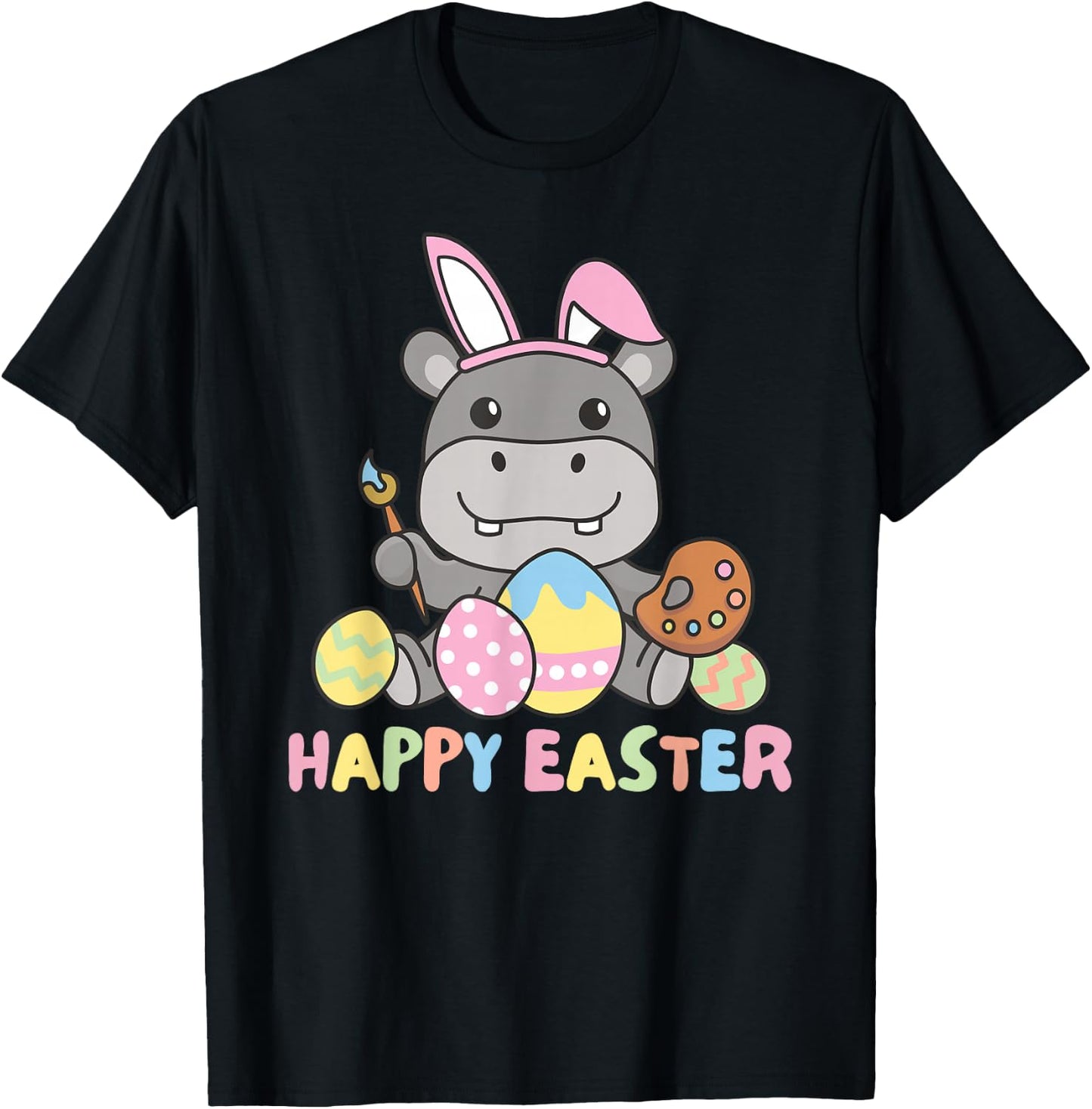 Happy Easter Cute Hippo For Easter With Easter Eggs T-Shirt - T-Shirt | Black