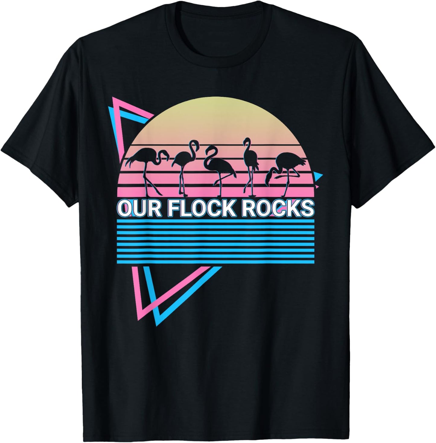 Funny Flamingo Retro Our Flock Rocks T-Shirt - T-Shirt | Black