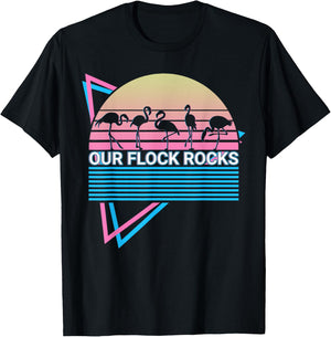 Funny Flamingo Retro Our Flock Rocks T-Shirt - T-Shirt | Black