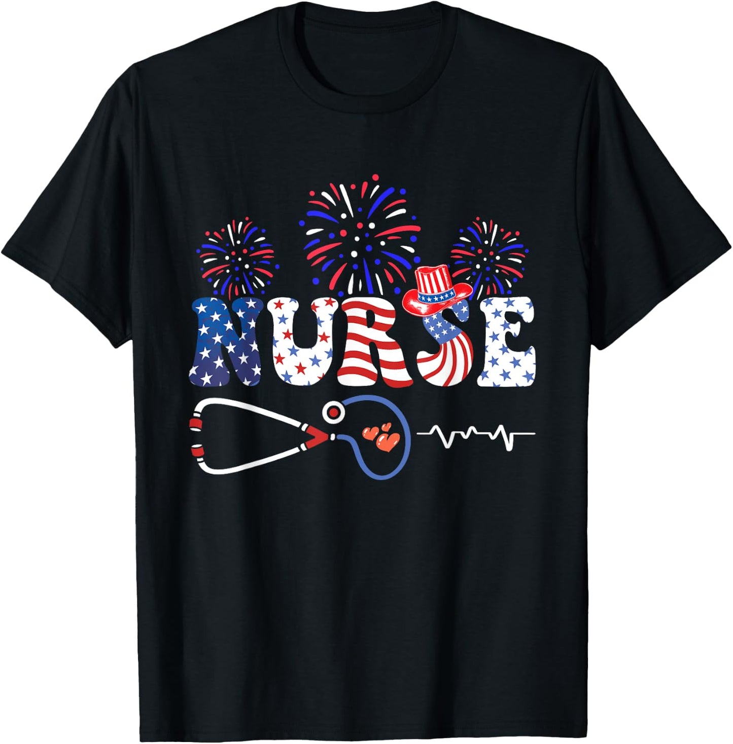 USA American Flag Patriotic Nurse Stethoscope 4th of July T-Shirt - T-Shirt | Black