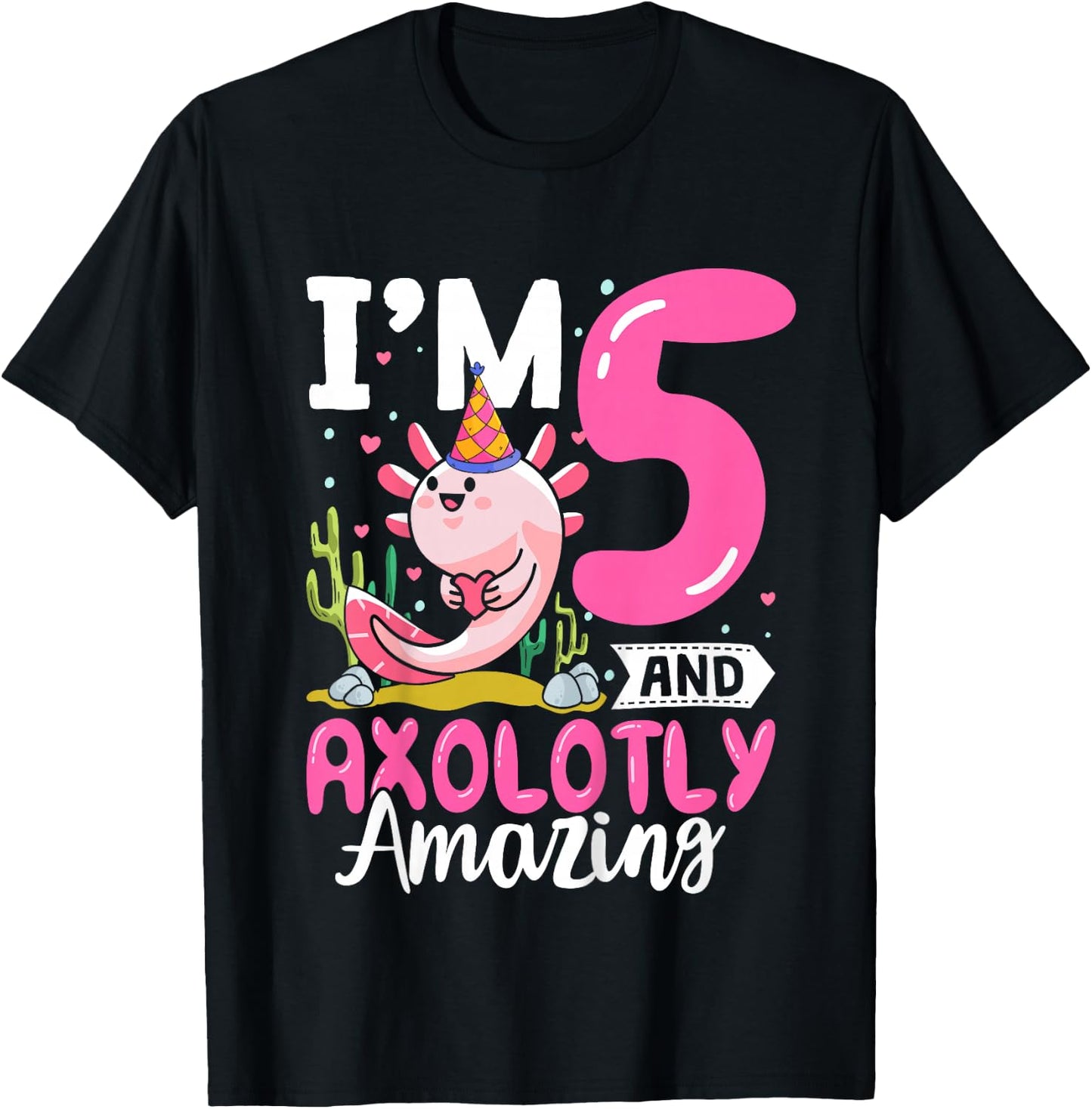 5th Birthday Shirt Girl Axolotl Kids Five Year Old Birthday T-Shirt - T-Shirt | Black