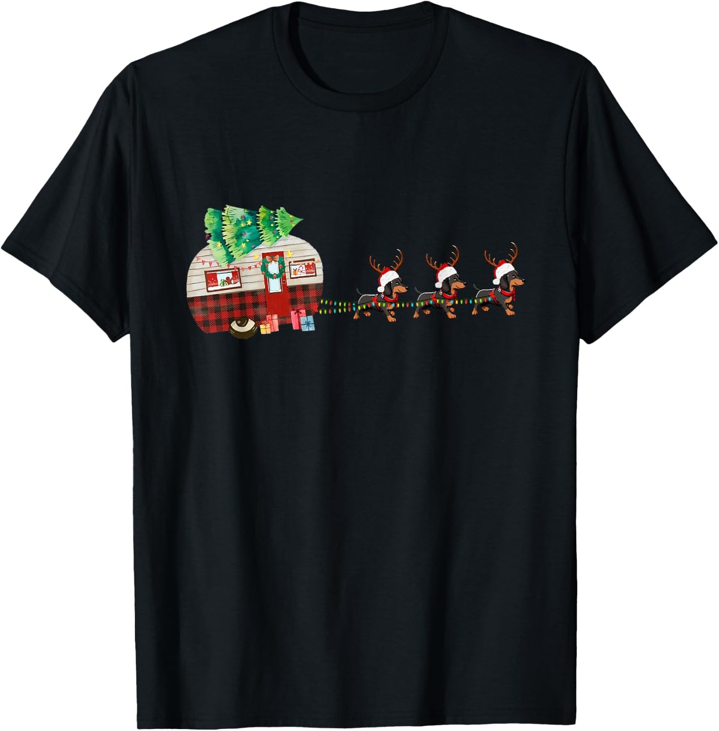 Funny Santa Dachshund Dog Sleigh Christmas Pet Camper Van T-Shirt - T-Shirt | Black