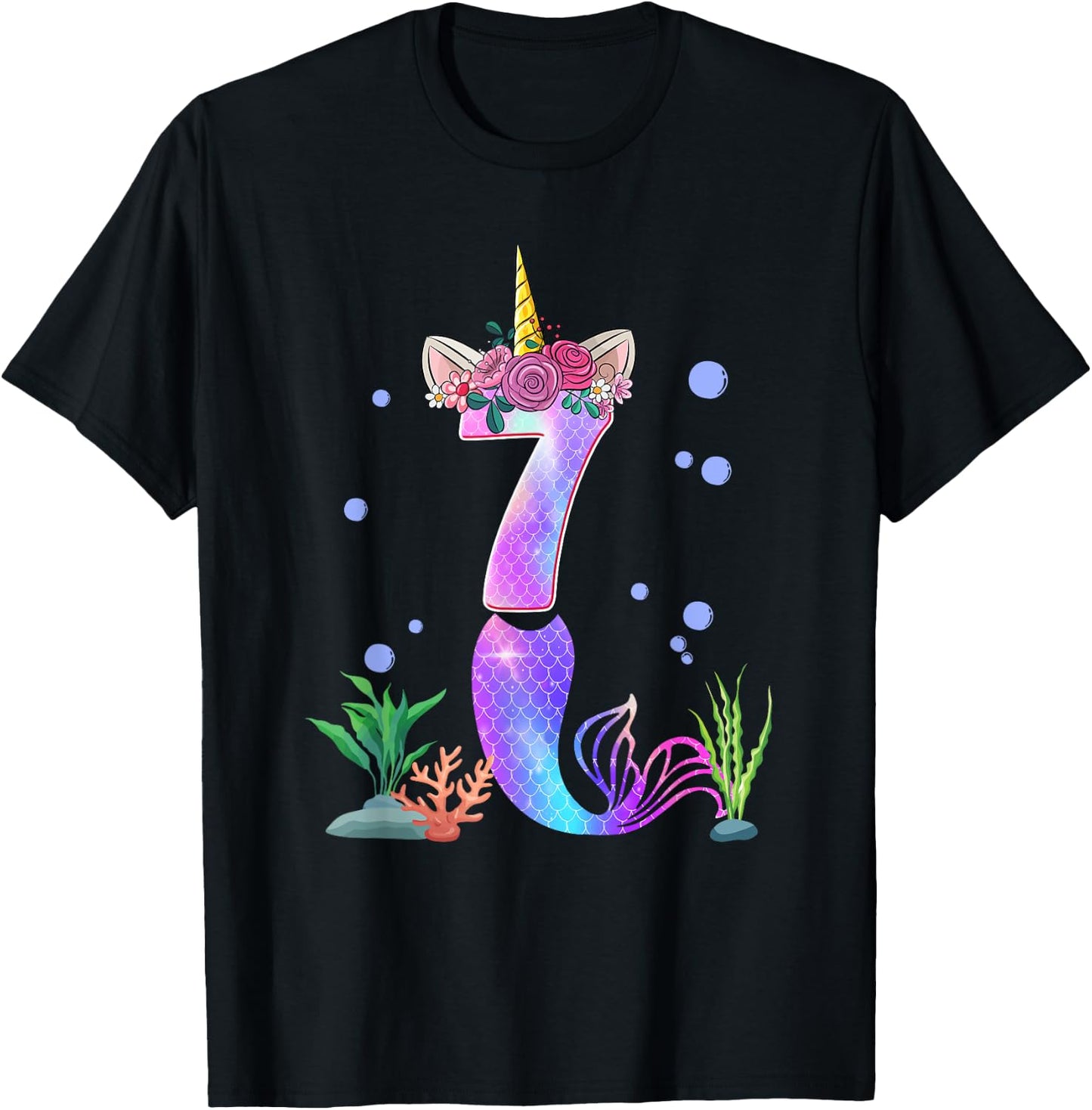 7 Year Old Unicorn Mermaid 7th Birthday Theme Tail Girl T-Shirt - T-Shirt | Black