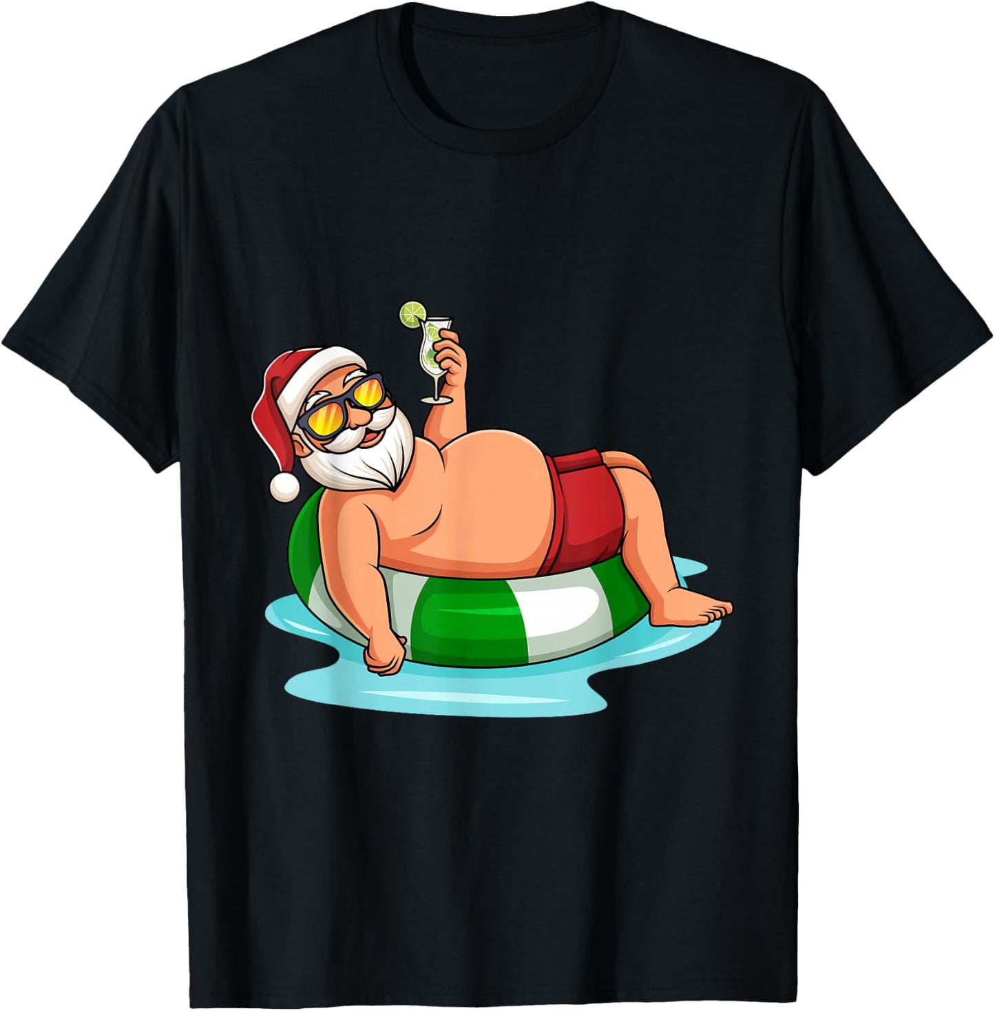Funny Christmas in July Summer Pool Float Santa Xmas Adult T-Shirt - T-Shirt | Black