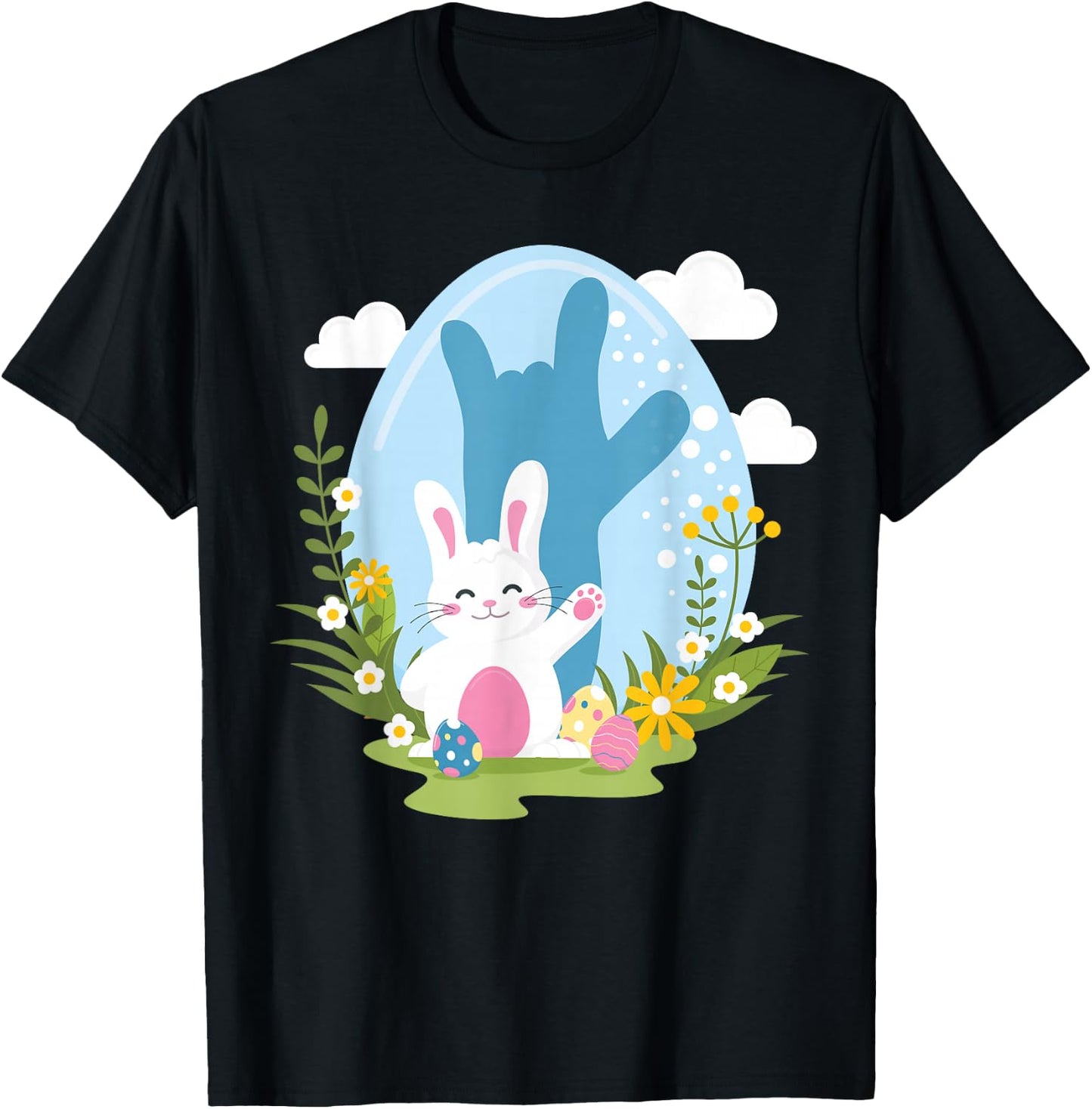 ASL Easter Bunny Reflection I Love You Hand Sign Language T-Shirt - T-Shirt | Black