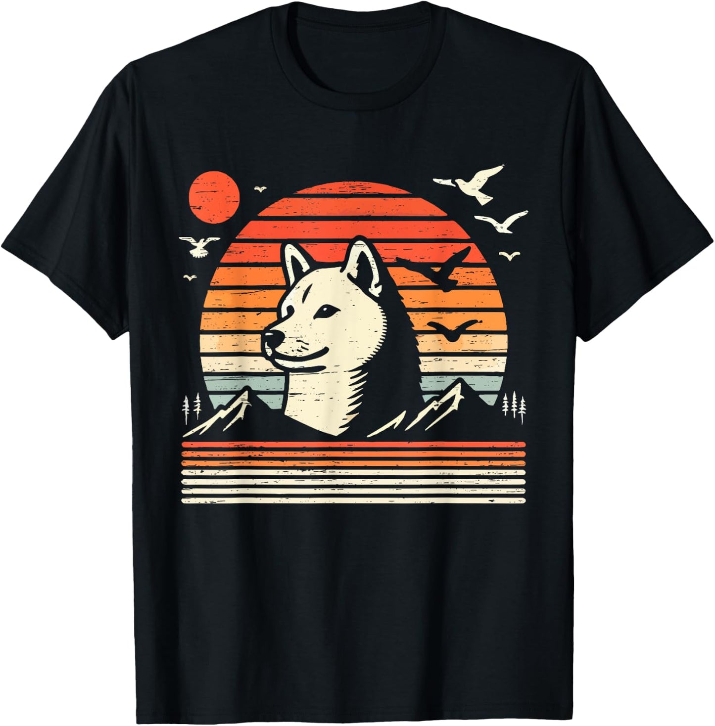 Vintage Shiba Inu Sunset Mountains Birds T-Shirt - T-Shirt | Black
