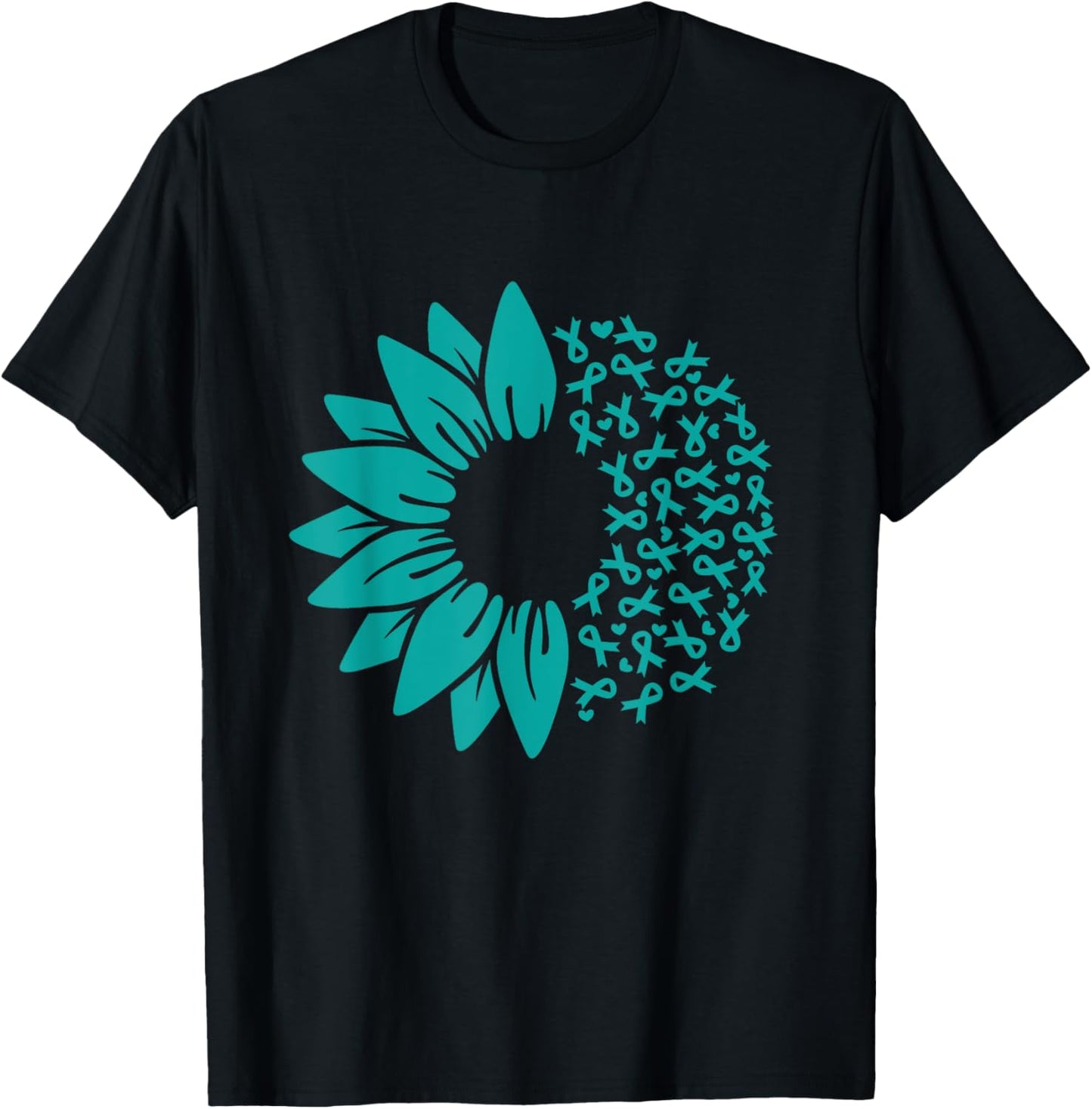 Sunflower Ovarian Cancer Awareness Teal Ribbon T-Shirt - T-Shirt | Black