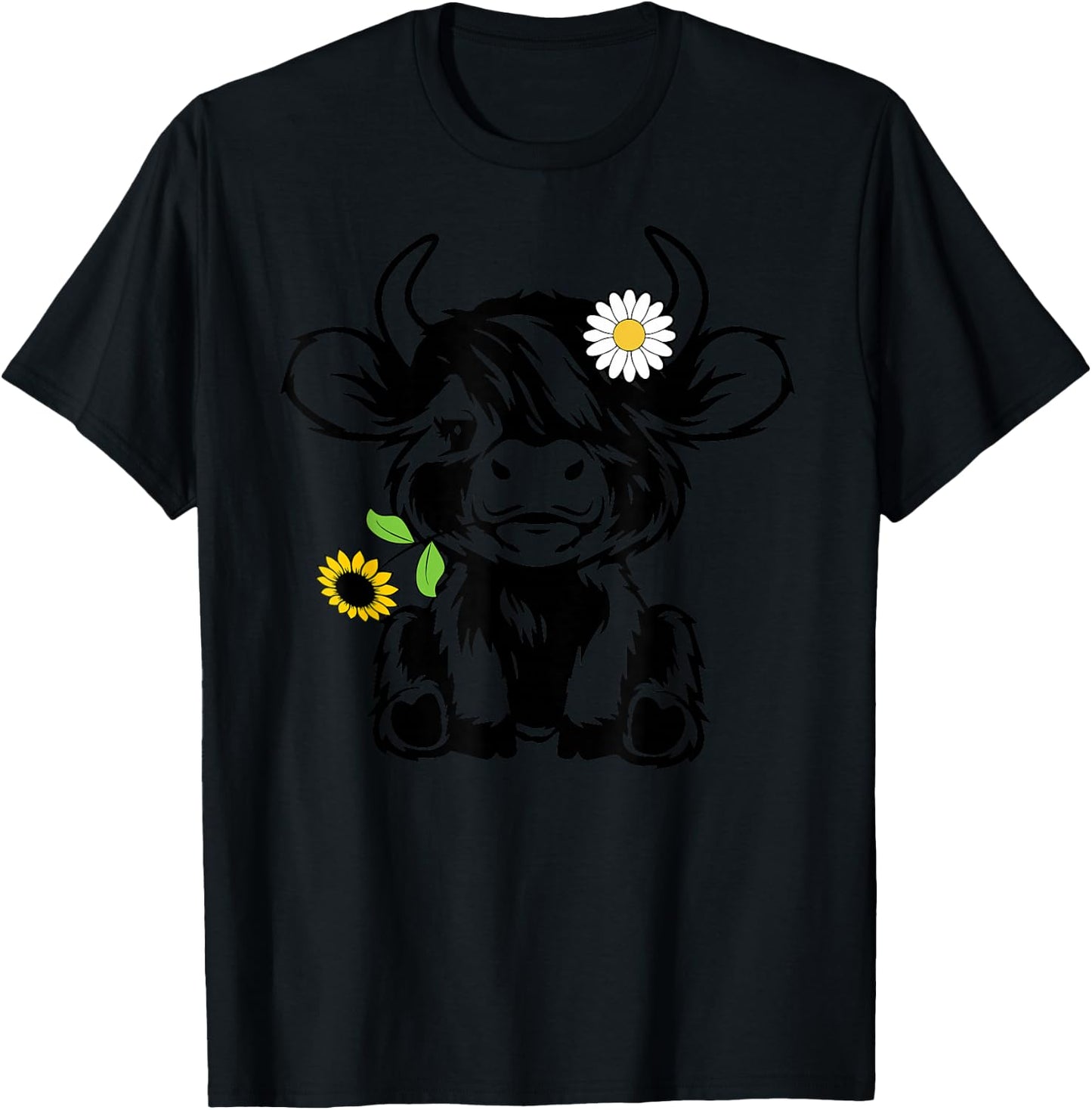 Cute Highland Cow Sunflower T-Shirt - T-Shirt | Black