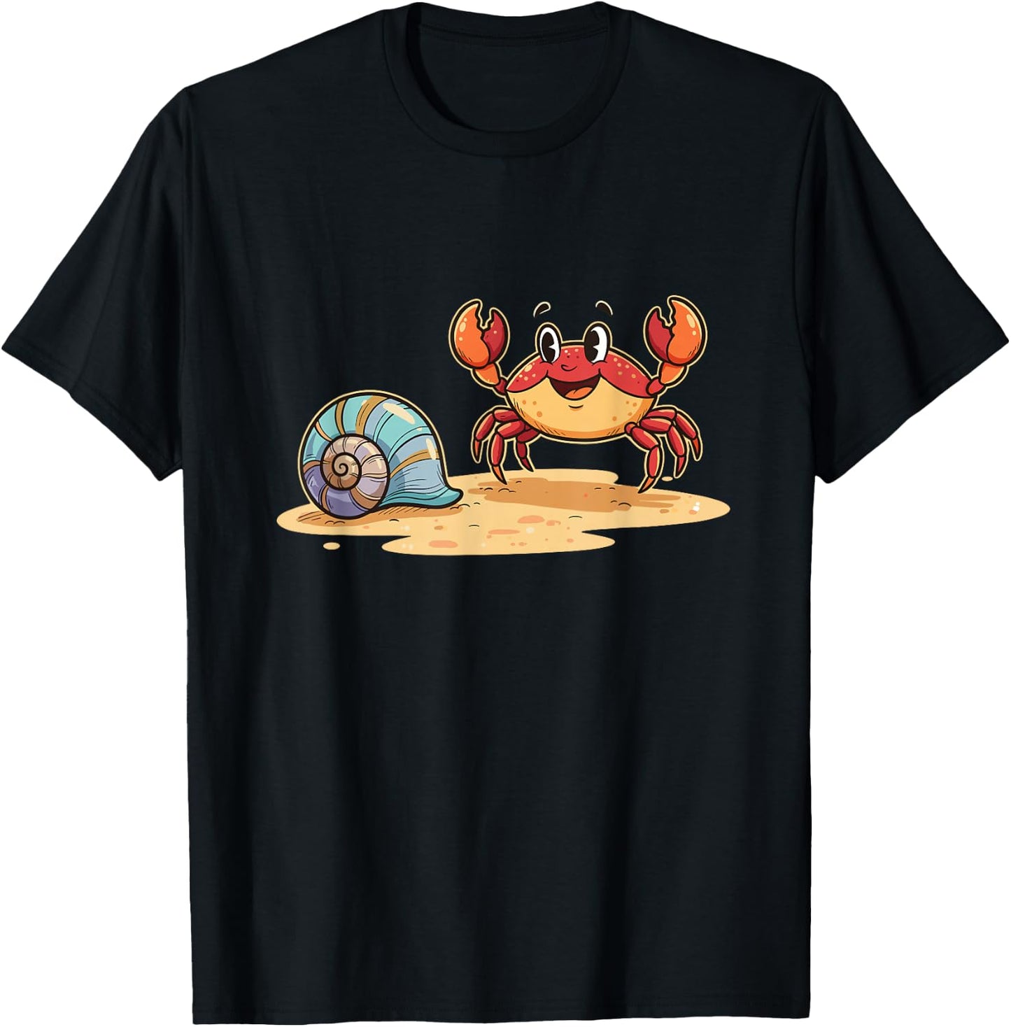 Happy Crab and Seashell Summer Ocean Beach Scene T-Shirt - T-Shirt | Black