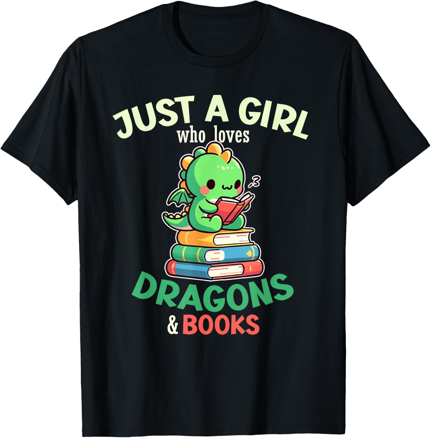 Just a Girl Who Loves Dragons & Books Book Lover Kids Nerd T-Shirt - T-Shirt | Black