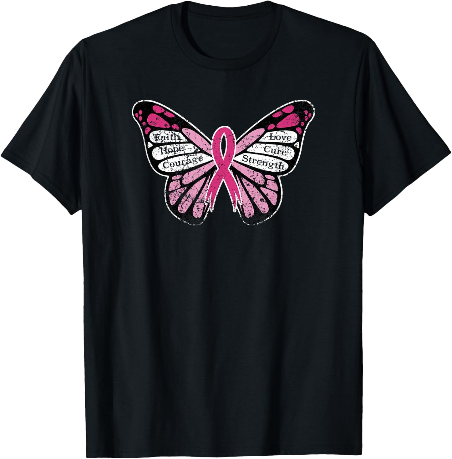 Vintage Breast Cancer Awareness Pink Ribbon Butterfly T-Shirt - T-Shirt | Black